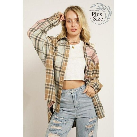 SALE! GeeGee Clothing Pink Plaid Button Up Shirt Jacket Shacket Plus SJ2260PL - Picture 1 of 7